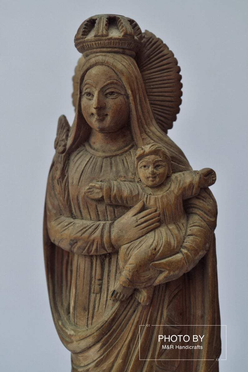 Antique Sandalwood Carved Mother Mary with Infant Jesus statue - Malji Arts
