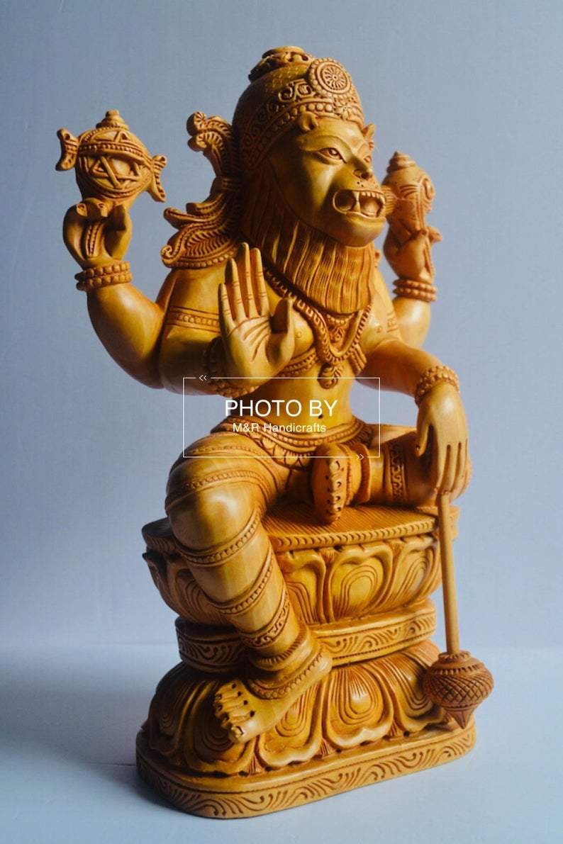 Wooden Fine Carved Lord Narasimha Statue - Malji Arts
