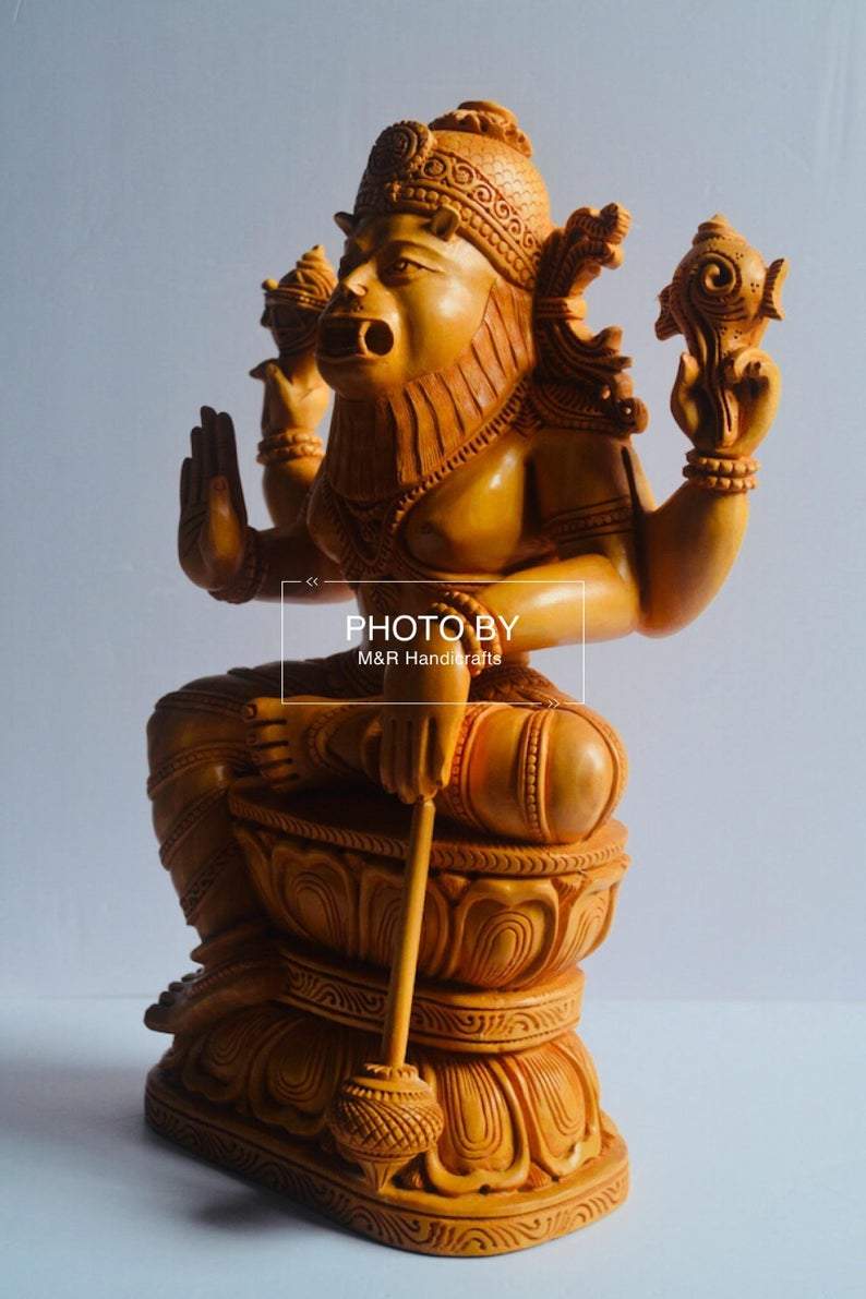 Wooden Fine Carved Lord Narasimha Statue - Malji Arts