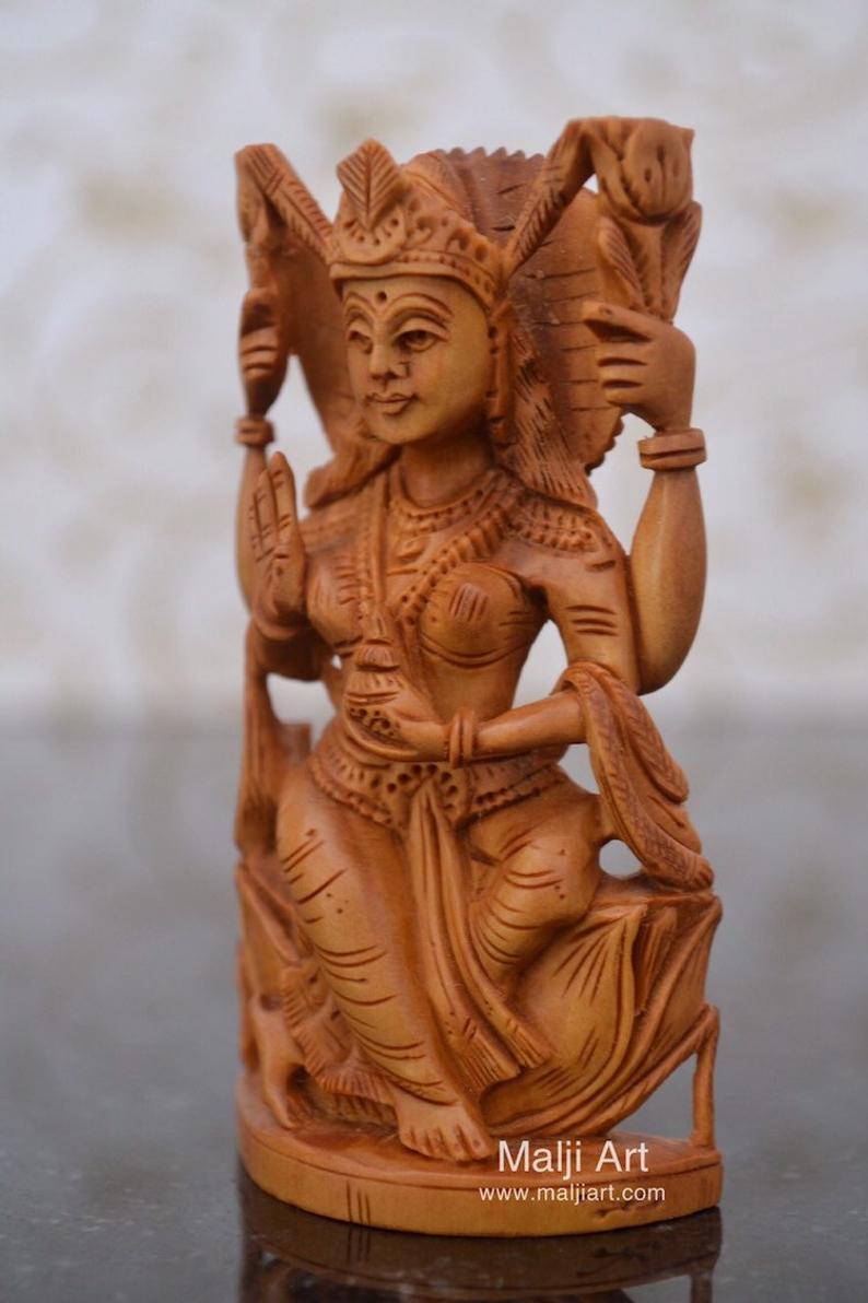 Hand Carved Sandalwood Small Statue of Goddess Laxmi - Malji Arts