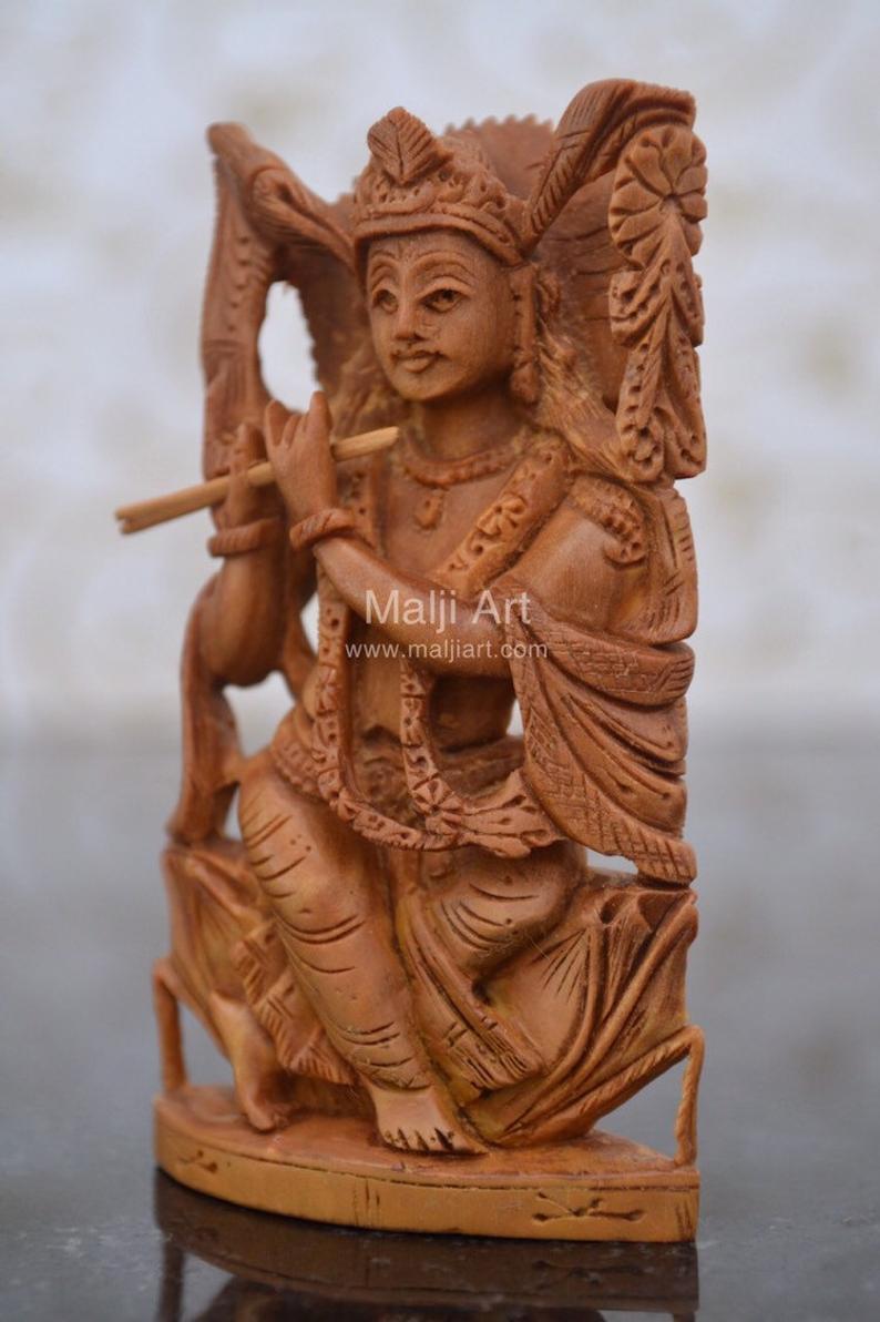 Sandalwood Carved Small Krishna Miniature idol - Malji Arts