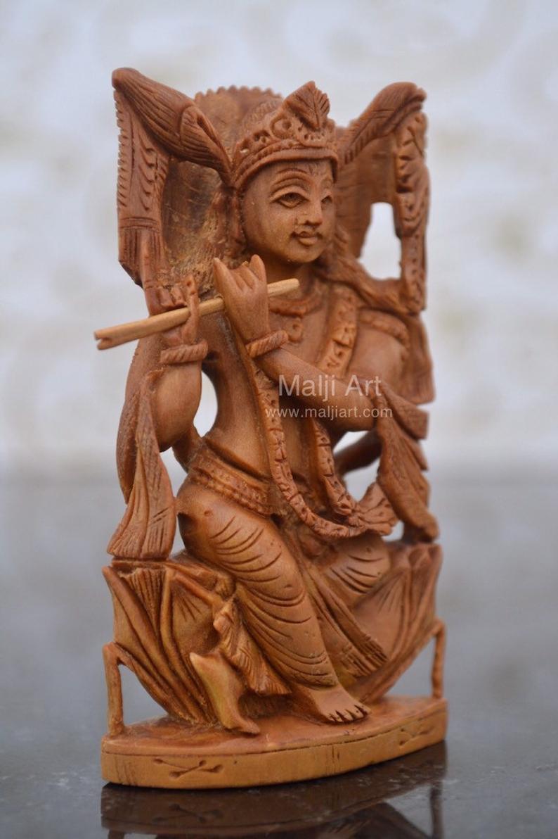 Sandalwood Carved Small Krishna Miniature idol - Malji Arts