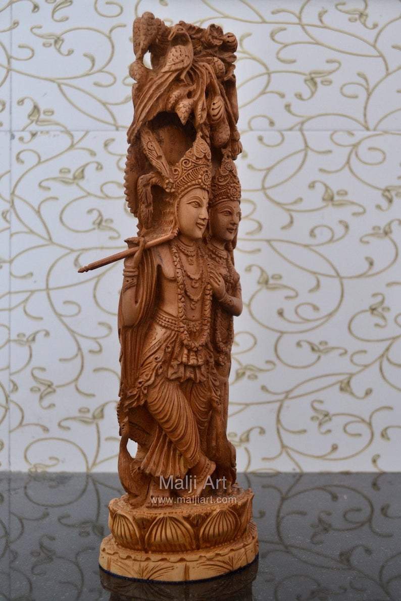 Sandalwood Fine Carved Radha Krishna Under Tree - Malji Arts