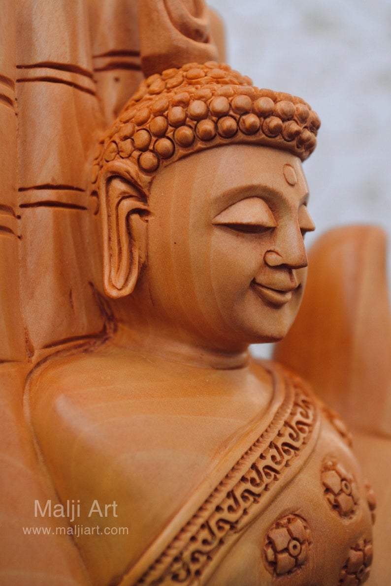 Wood Carved Super Fine Buddha in Palm Good Luck Statue - Malji Arts