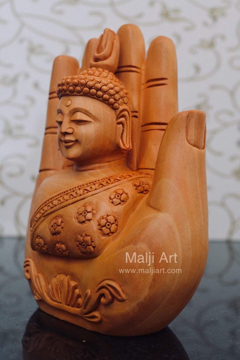Wood Carved Super Fine Buddha in Palm Good Luck Statue - Malji Arts