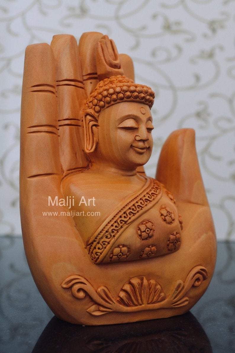 Wood Carved Super Fine Buddha in Palm Good Luck Statue - Malji Arts