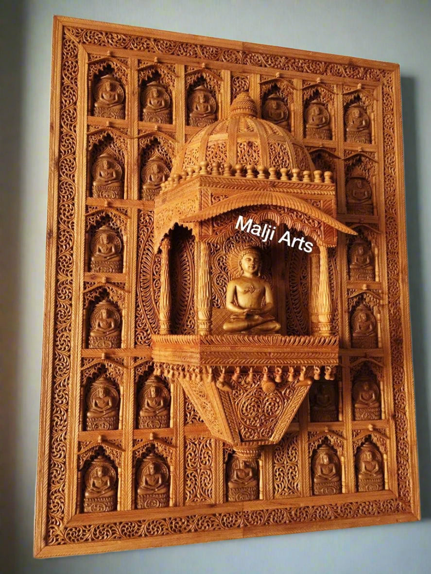 Sandalwood Carved Wall Hanging Jharokha of 24th Tirthankara of Jainism - Malji Arts