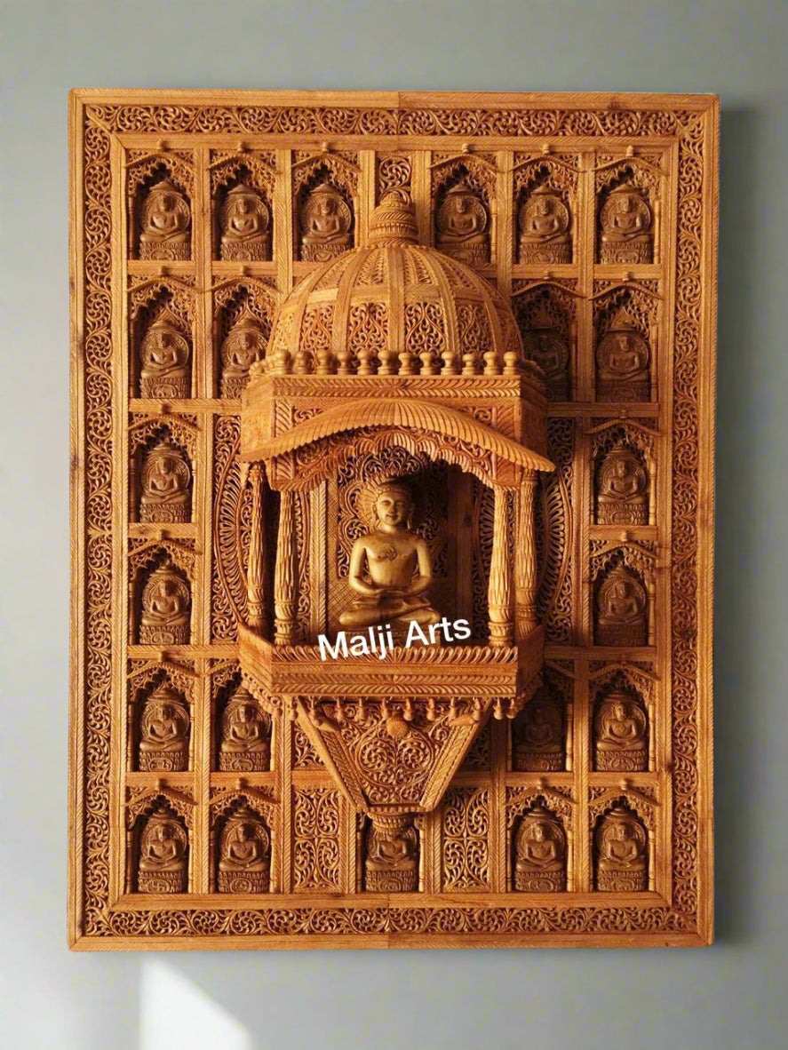 Sandalwood Carved Wall Hanging Jharokha of 24th Tirthankara of Jainism - Malji Arts