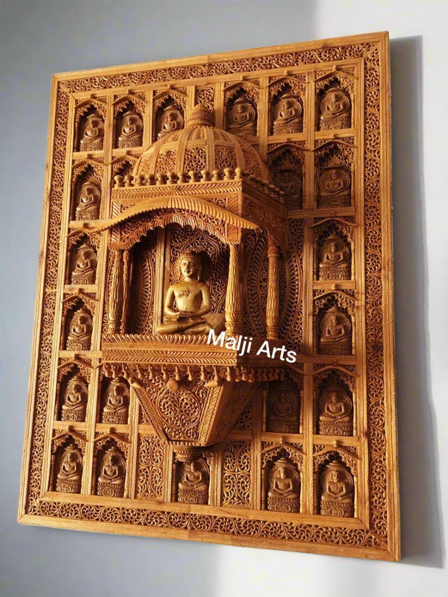 Sandalwood Carved Wall Hanging Jharokha of 24th Tirthankara of Jainism - Malji Arts