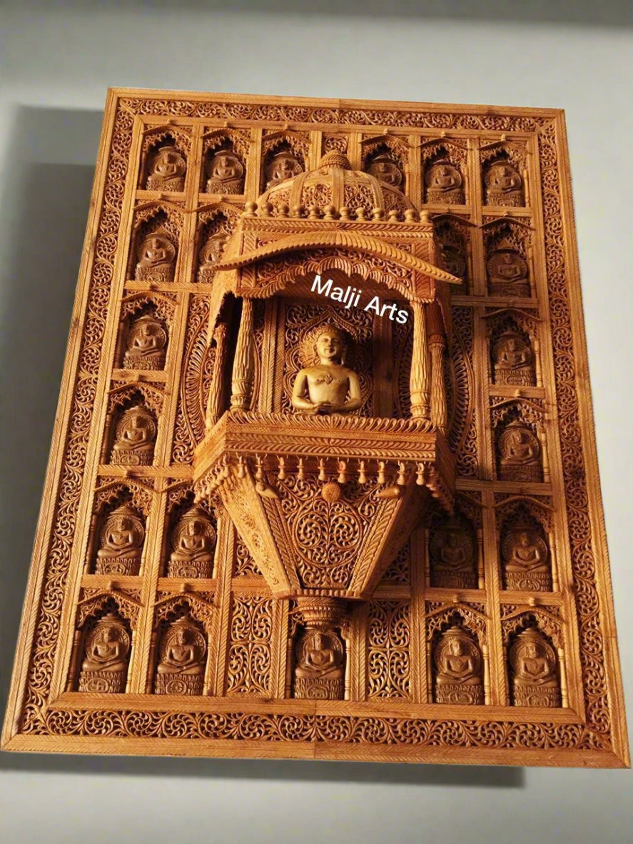 Sandalwood Carved Wall Hanging Jharokha of 24th Tirthankara of Jainism - Malji Arts