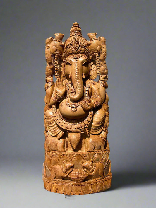 Sandalwood Rare Ganesha Sitting on Mouse statue. - Malji Arts