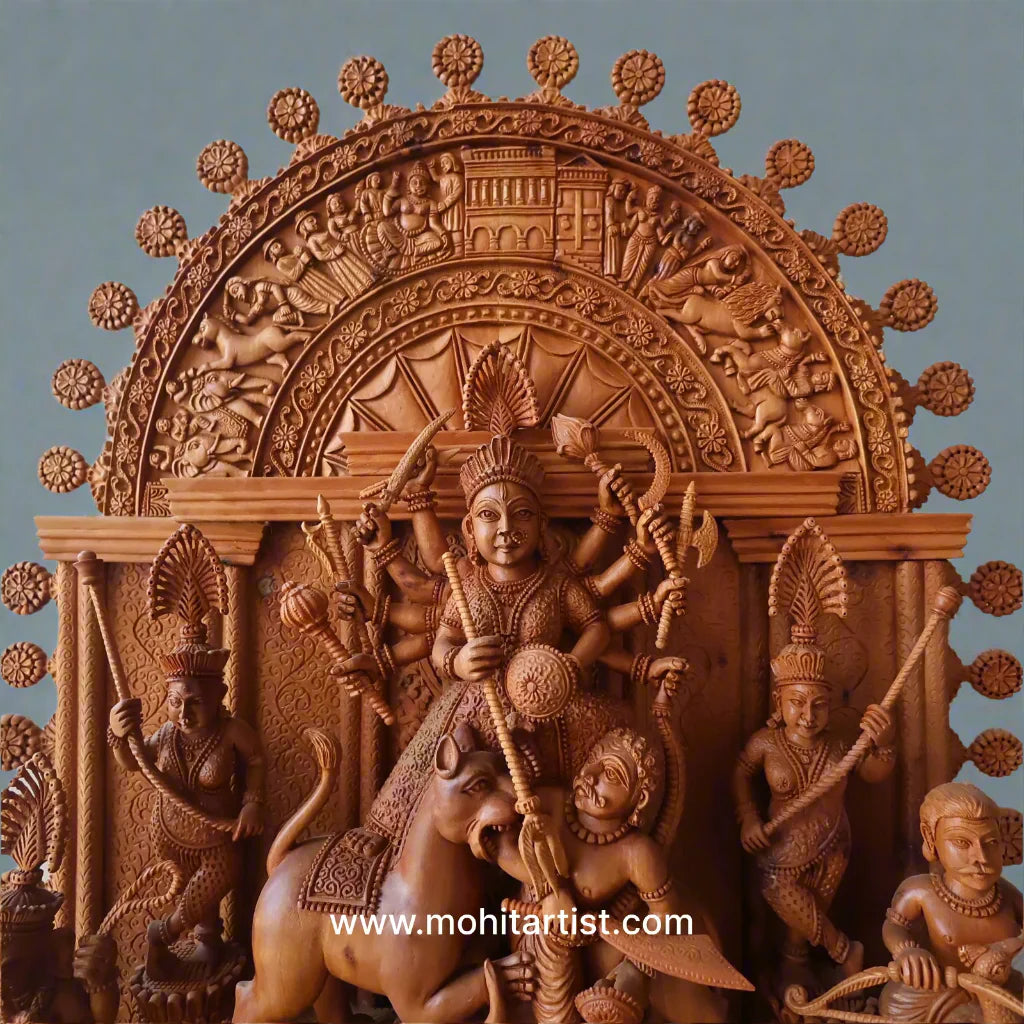 Large Sandalwood "Shrine of Goddess Durga" Mahishasuramardini - Malji Arts