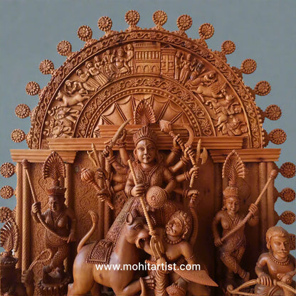Large Sandalwood "Shrine of Goddess Durga" Mahishasuramardini - Malji Arts