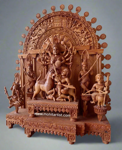 Large Sandalwood "Shrine of Goddess Durga" Mahishasuramardini - Malji Arts