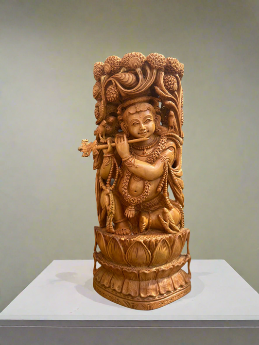 8” inches Sandalwood Baal Krishna Playing Flute - Malji Arts