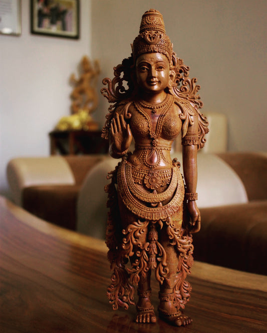 Unique Sandalwood Carved Hindu Goddess Laxmi Idol - Malji Arts