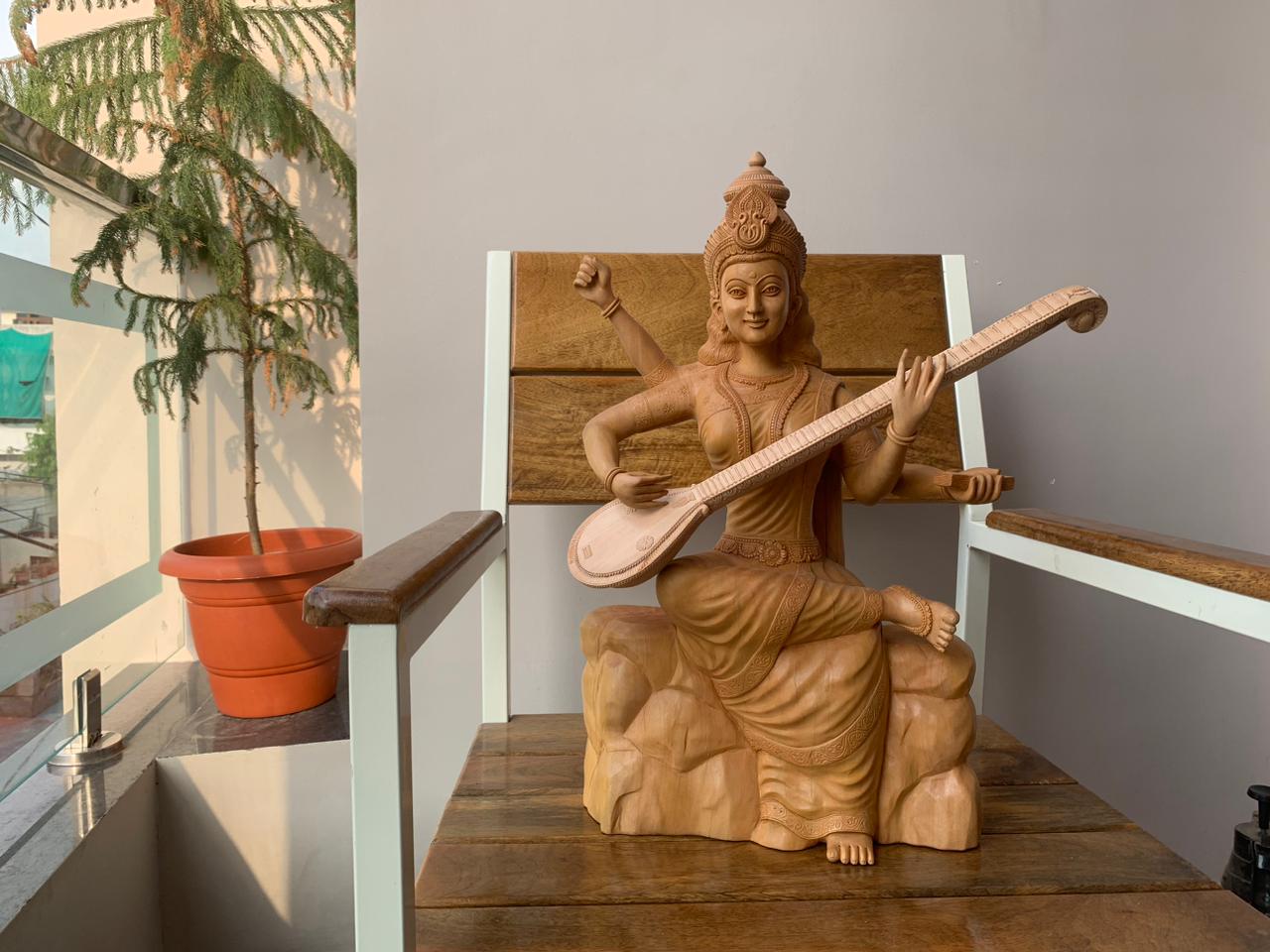 Wooden carved large Saraswati Statue - Malji Arts
