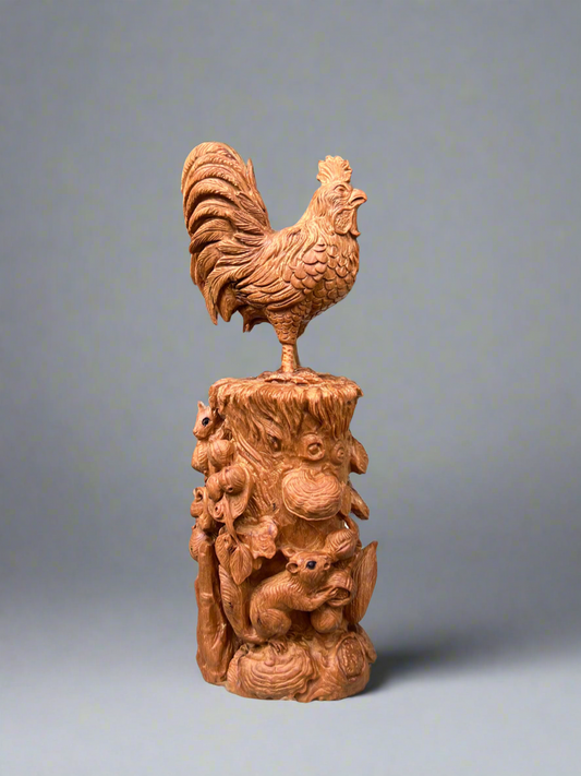 Sandalwood Lucky Chinese Chicken Statue. - Malji Arts