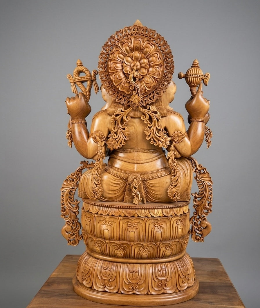 Hand-Carved Sandalwood Ganesha Statue on Lotus Base 32" inch - Malji Arts
