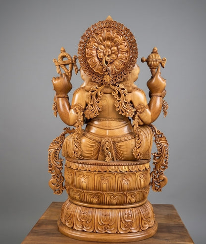 Hand-Carved Sandalwood Ganesha Statue on Lotus Base 32" inch - Malji Arts