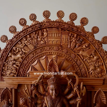 Large Sandalwood "Shrine of Goddess Durga" Mahishasuramardini - Malji Arts