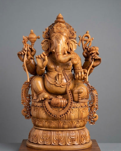 Hand-Carved Sandalwood Ganesha Statue on Lotus Base 32" inch - Malji Arts