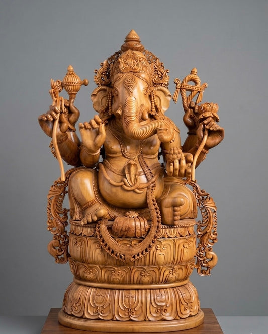 Hand-Carved Sandalwood Ganesha Statue on Lotus Base 32" inch - Malji Arts