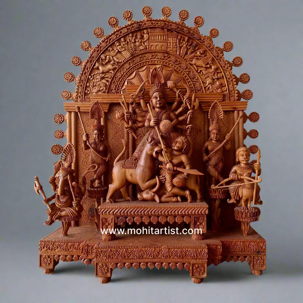 Large Sandalwood "Shrine of Goddess Durga" Mahishasuramardini - Malji Arts