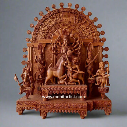 Large Sandalwood "Shrine of Goddess Durga" Mahishasuramardini - Malji Arts