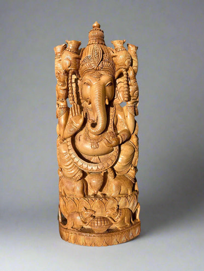 Sandalwood Rare Ganesha Sitting on Mouse statue. - Malji Arts