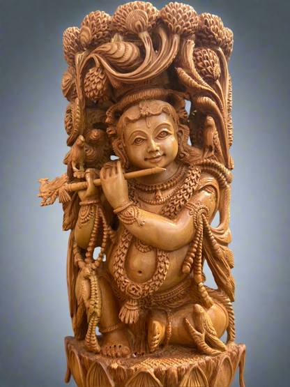 8” inches Sandalwood Baal Krishna Playing Flute - Malji Arts