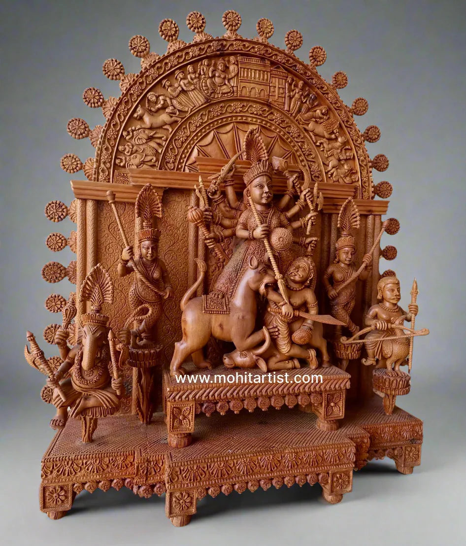 Large Sandalwood "Shrine of Goddess Durga" Mahishasuramardini - Malji Arts