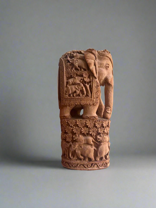 Raw Sandalwood Elephant Carving on Base - Malji Arts