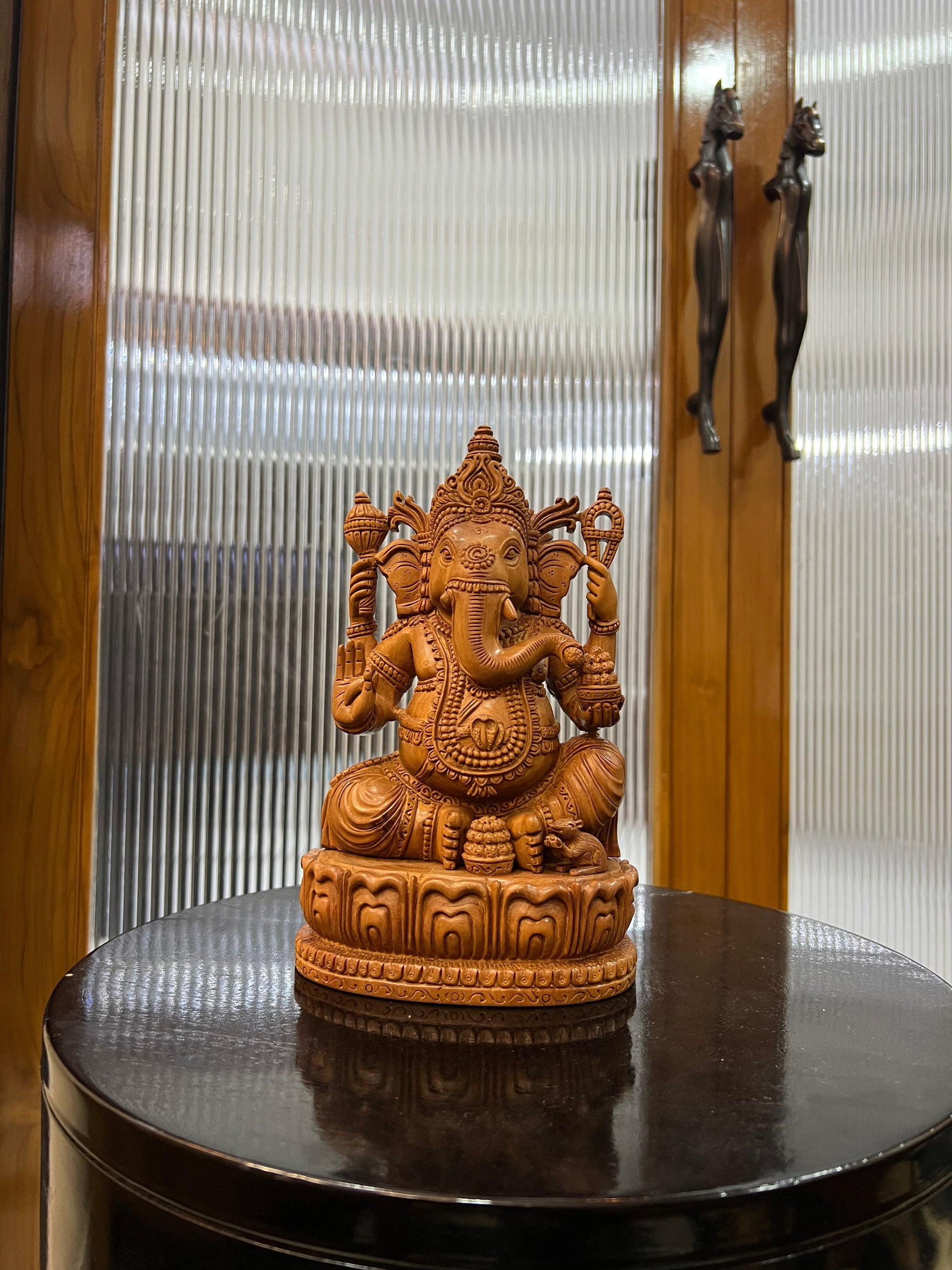 exquisite sandalwood carving features Lord Ganesha (9" inches) - Malji Arts