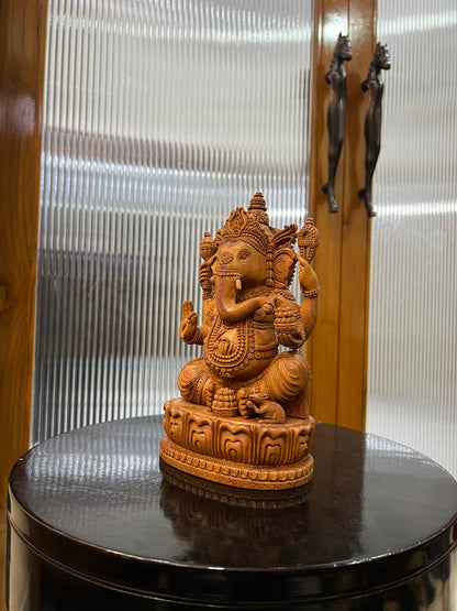 exquisite sandalwood carving features Lord Ganesha (9" inches) - Malji Arts