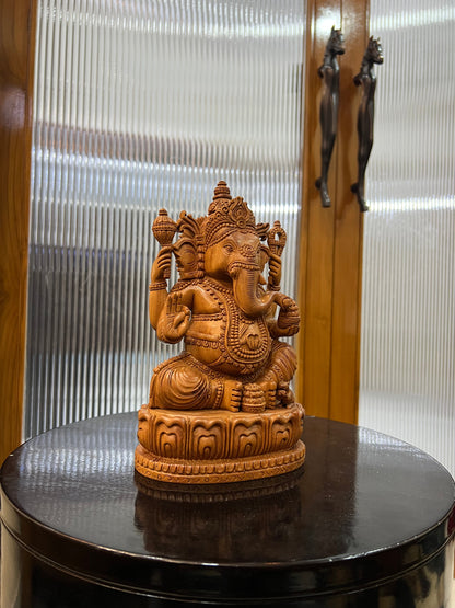exquisite sandalwood carving features Lord Ganesha (9" inches) - Malji Arts