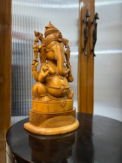 Sandalwood Old Hand Carved Ganesha Sitting (10 inches) - Malji Arts