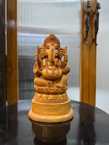 Hand-Carved Sandalwood Ganesha on Lotus (8 inches) - Malji Arts