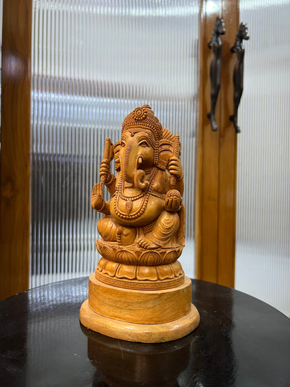 Hand-Carved Sandalwood Ganesha on Lotus (8 inches) - Malji Arts
