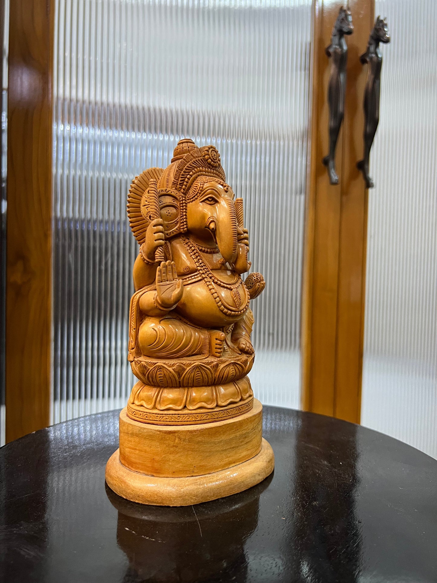 Hand-Carved Sandalwood Ganesha on Lotus (8 inches) - Malji Arts