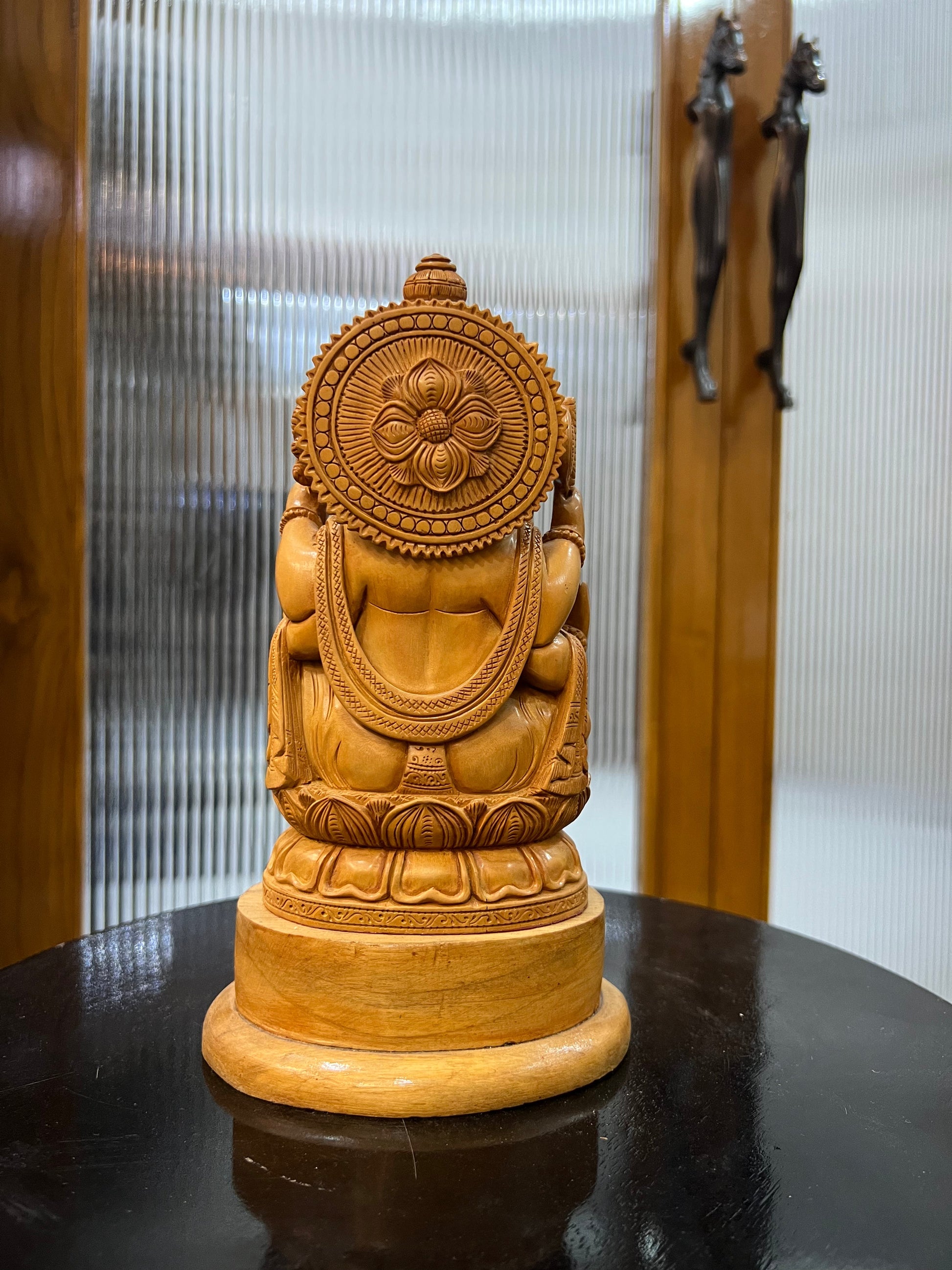 Hand-Carved Sandalwood Ganesha on Lotus (8 inches) - Malji Arts