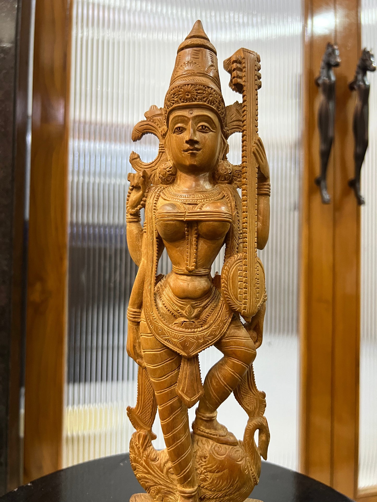 Vintage Sandalwood Carving Saraswati Statue (14" inches) - Malji Arts