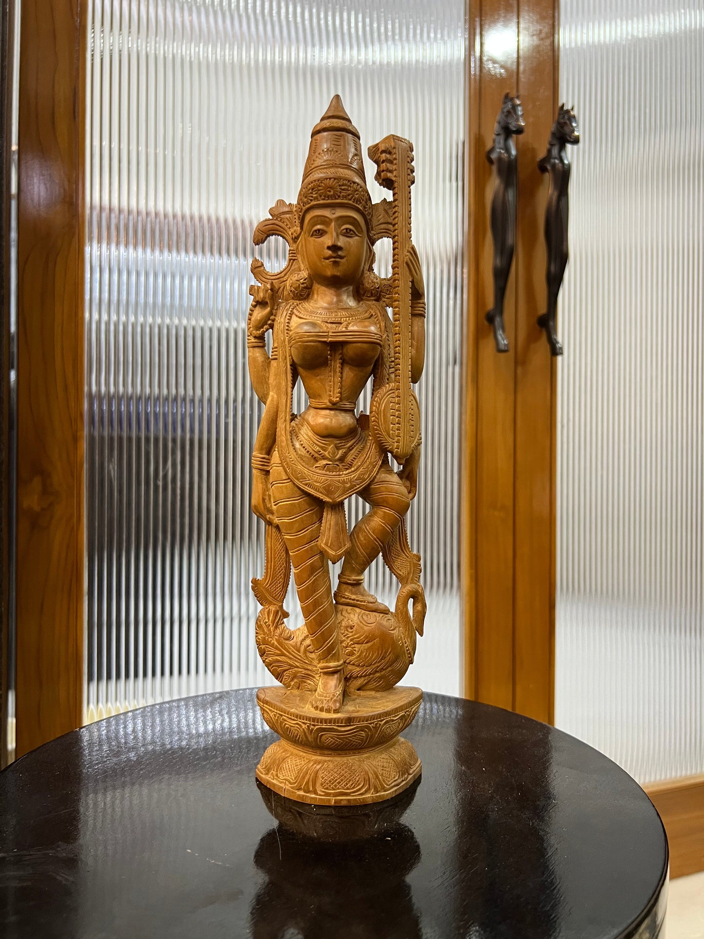 Vintage Sandalwood Carving Saraswati Statue (14" inches) - Malji Arts