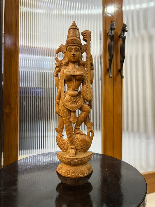 Vintage Sandalwood Carving Saraswati Statue (14" inches) - Malji Arts