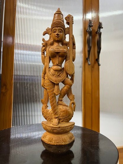 Vintage Sandalwood Carving Saraswati Statue (14" inches) - Malji Arts