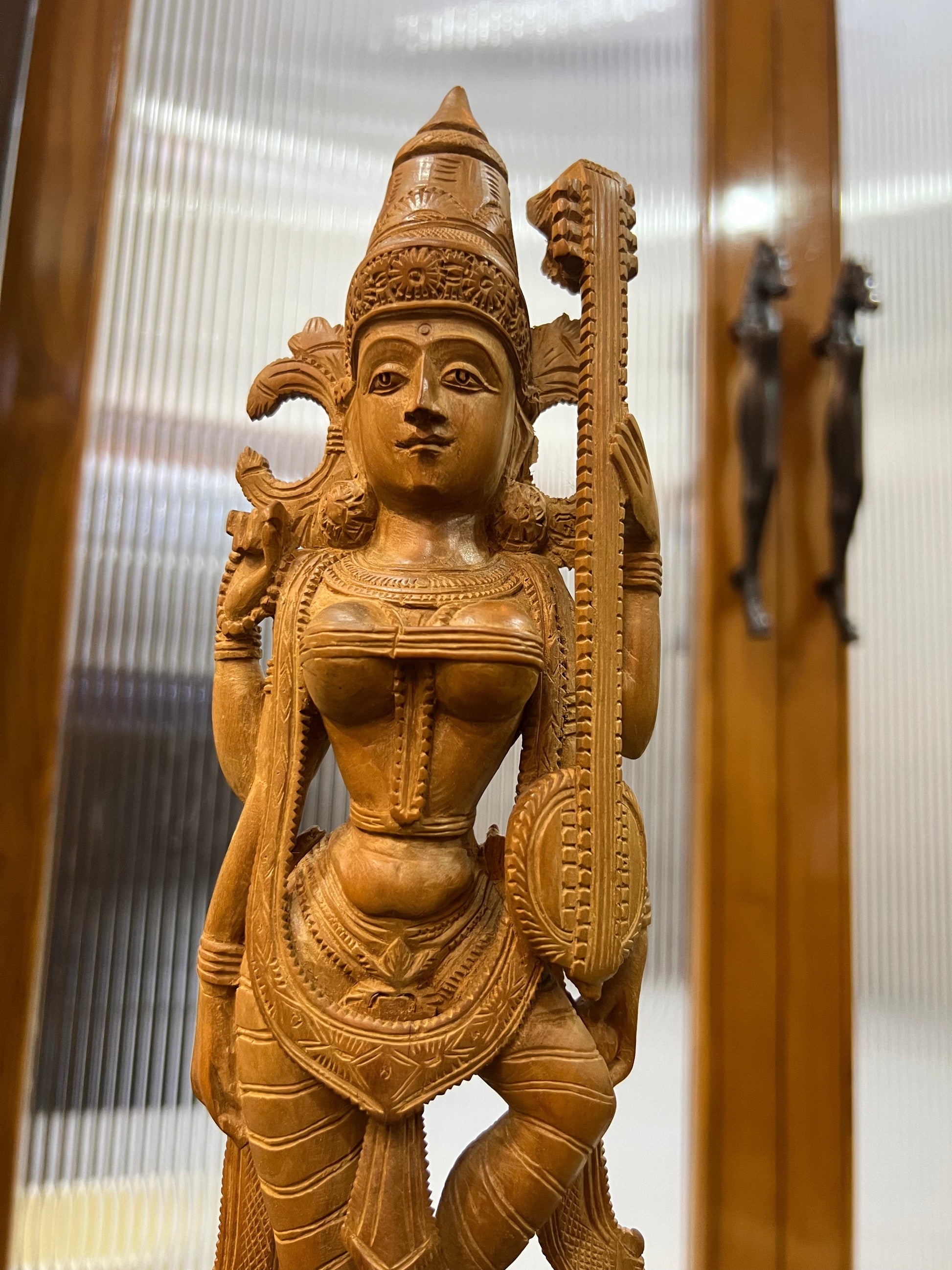 Vintage Sandalwood Carving Saraswati Statue (14" inches) - Malji Arts