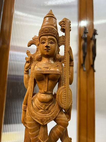 Vintage Sandalwood Carving Saraswati Statue (14" inches) - Malji Arts