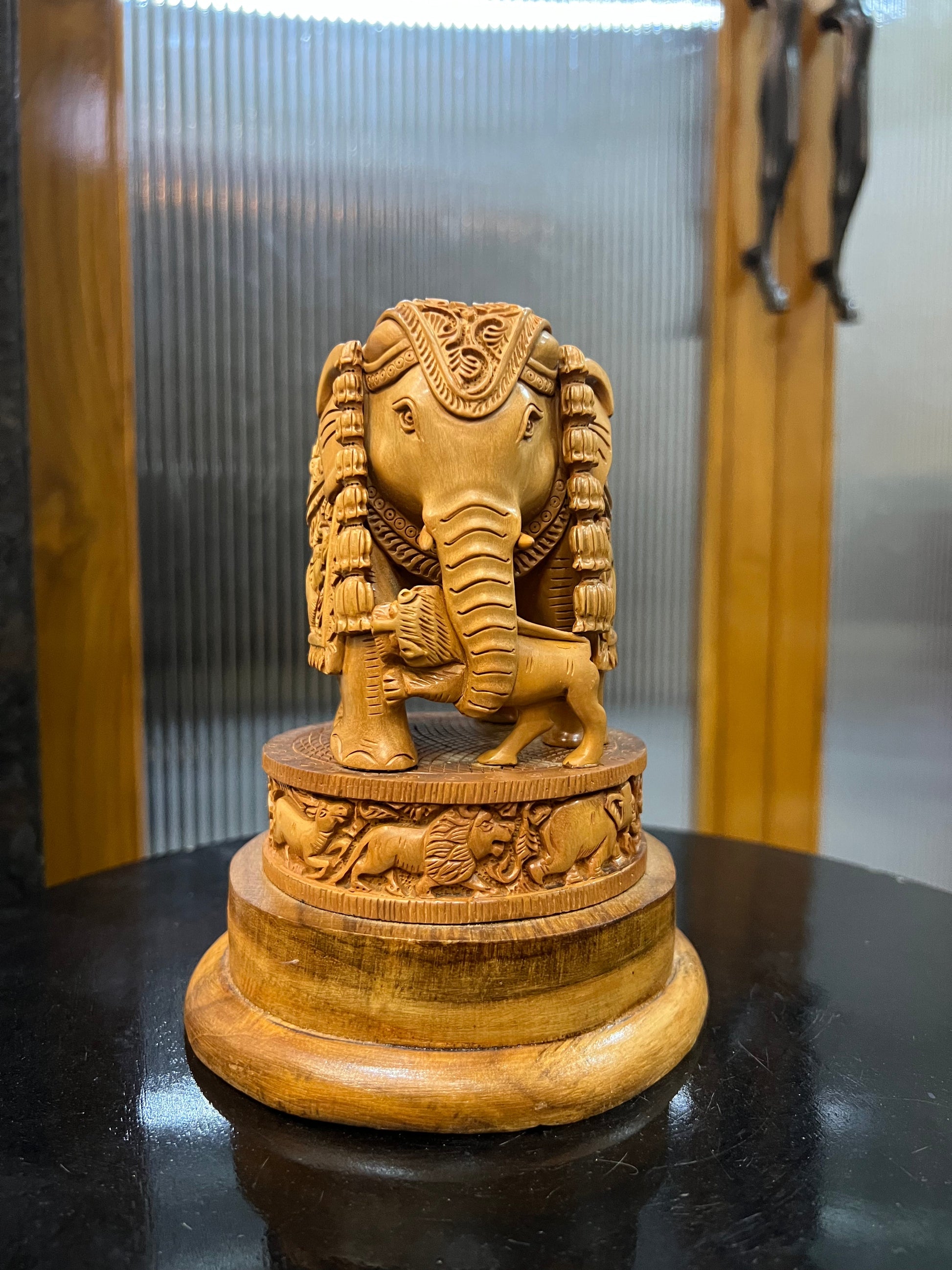 Sandalwood Craving Round Elephant With Base - Malji Arts