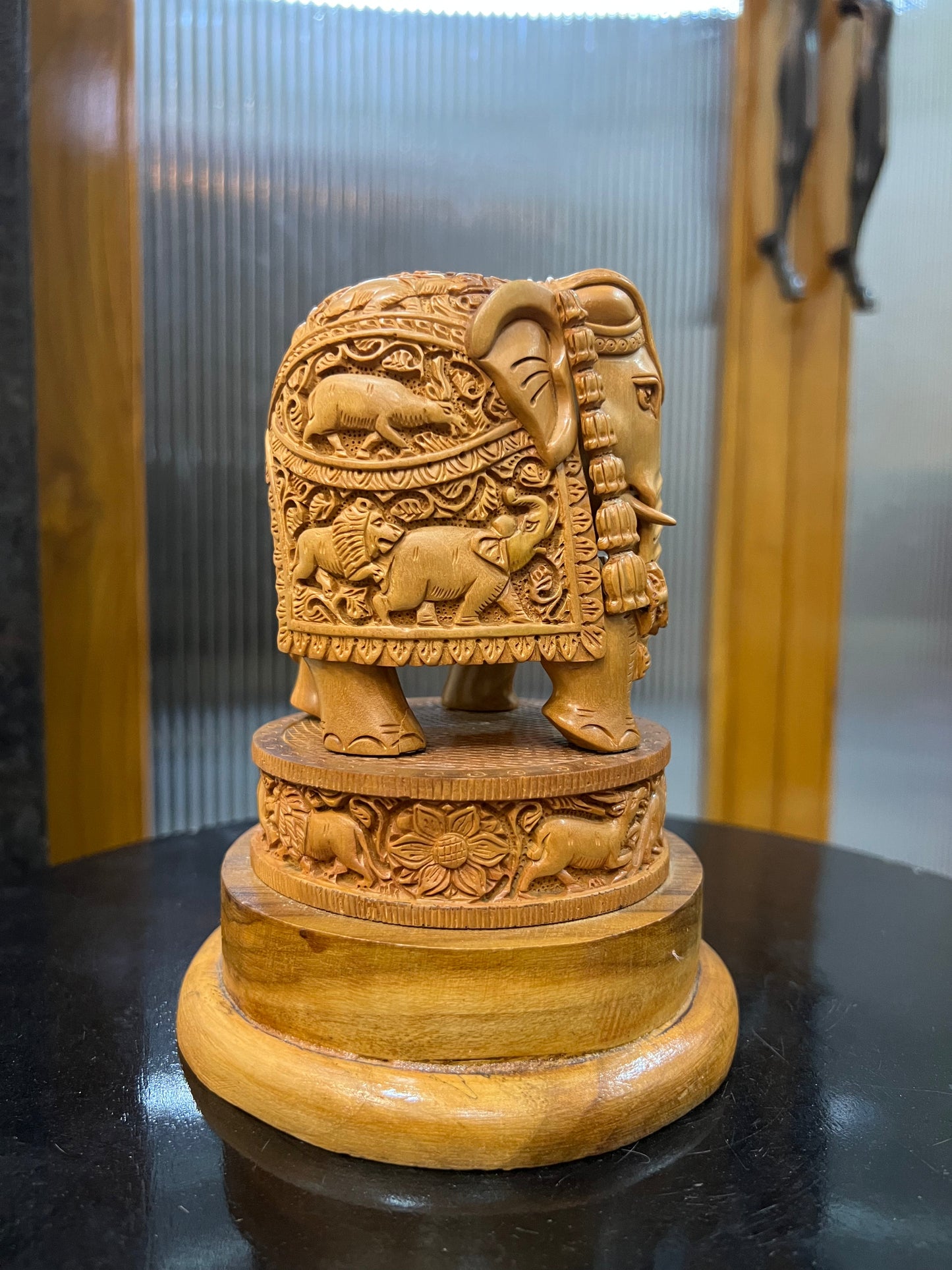 Sandalwood Craving Round Elephant With Base - Malji Arts