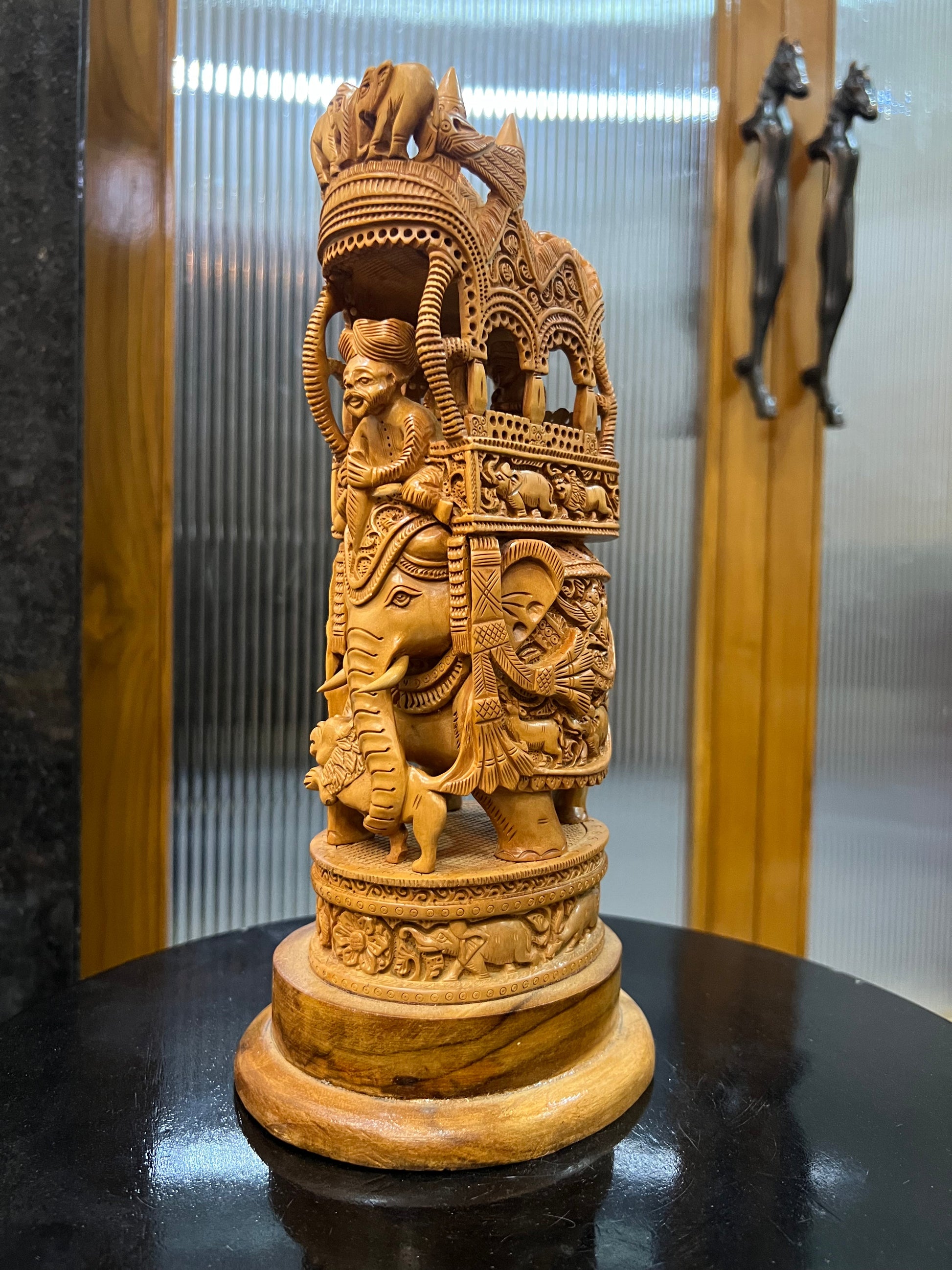 Sandalwood Fine Carved Royal Elephant Ambabari Statue (12" inches) - Malji Arts